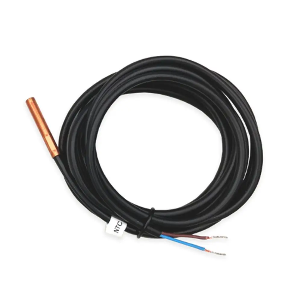 Roth Bodentemperaturfühler mit einem langen, schwarzen Kabel und einem Sensor aus Kupfer an einem Ende. Die Kabelenden sind abisoliert und farblich codiert.